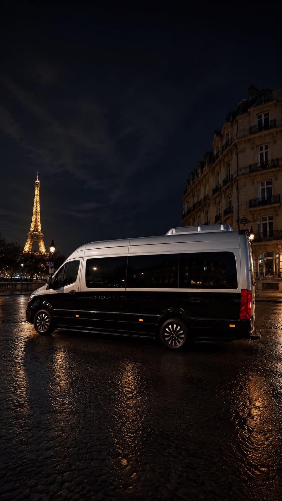 Sprinter VIP Paris de profil devant la Tour Eiffel illuminée la nuit, pavés mouillés — véhicule de tournée et de navette événementielle discret