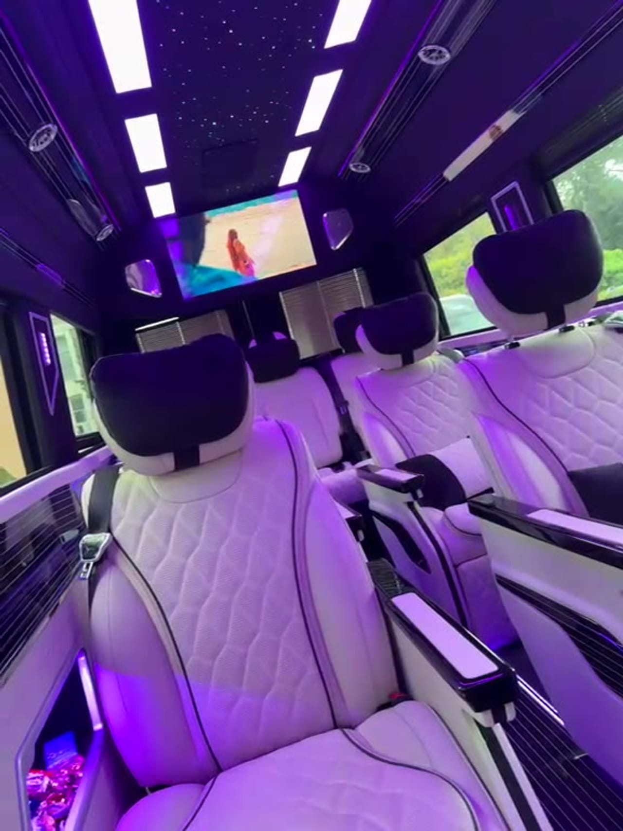 Intérieur du Sprinter VIP Paris — sièges capitaine cuir blanc, ciel étoilé et ambiance LED violette